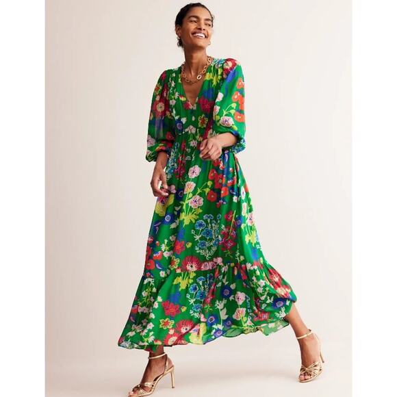 Boden Dresses & Skirts - Boden Women's 6P V-Neck Puff Maxi Dress Green Tambourine Wild Flower NWT